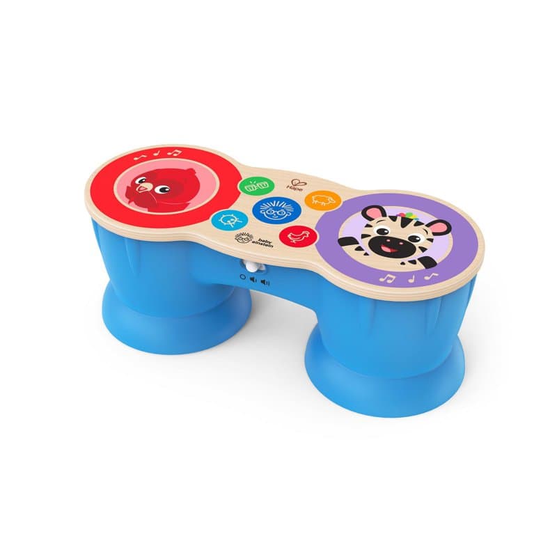 Baby Einstein Magic Touch drum with a red and a purple drum pad on blue bases